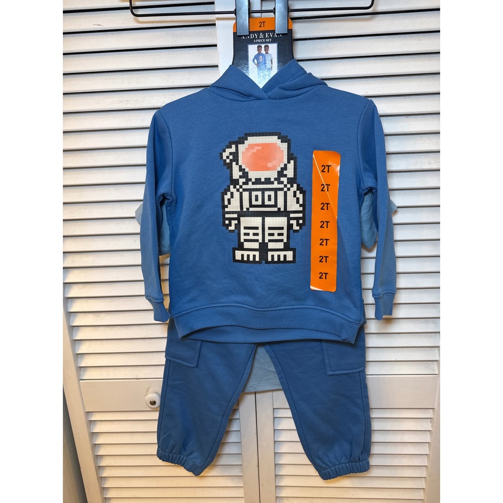 Andy & Evan Boys 3-Piece Astronaut Hoodie Cargo Jogger T-Shirt Set Blue 2T NEW